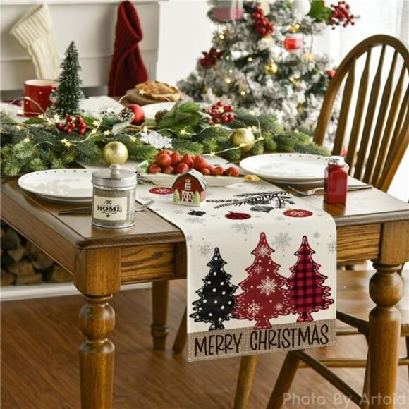 Red Pine Trees Merry Christmas Table Runner, Winter Xmas Holiday - Picture 2 of 8